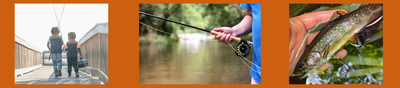 banner with kids fishing, someone holding fly rod, and a brookie