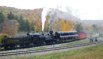 An original Shay #5 engine once used to haul timber from the now abandoned West Virginia town of Spruce transports culverts to a fish passage project on Oats Run in Pocahontas County, WV. Cass Scenic Railroad is a partner in the restoration project on Shavers Fork.