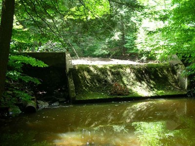 Looking upstream at the dam on Wetmore Run.  No water is going over the spillway.